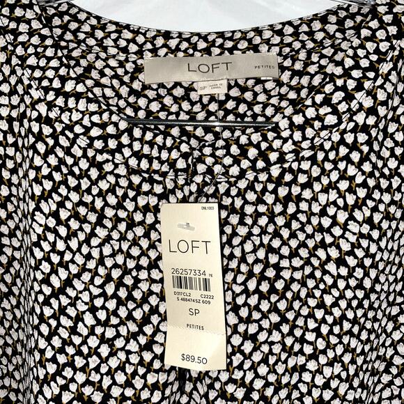 LOFT Black Blouson Dress White Floral long sleeves size S Petite NWT - Picture 6 of 9